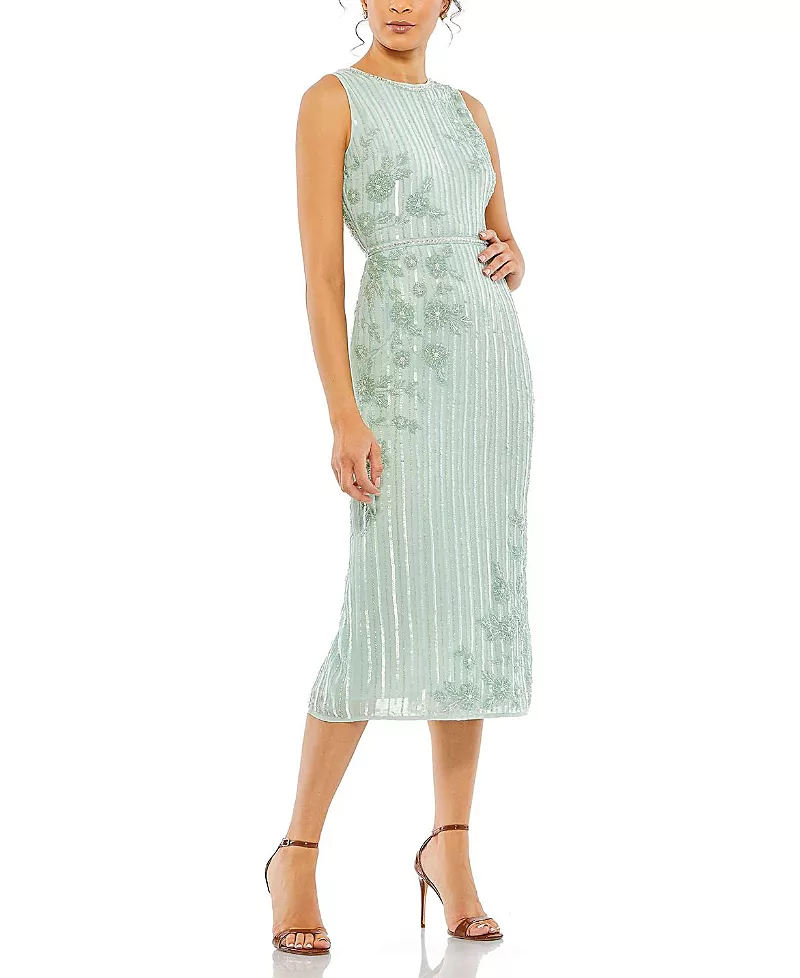 Mac Duggal Striped Floral Embellished Sleeveless Midi Dress