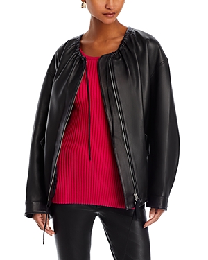 Ruched Drawstring Leather Jacket