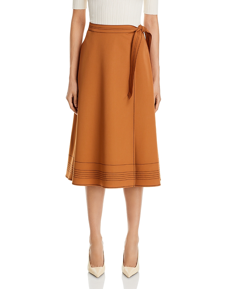 Misook Topstitched Woven Twill Midi Wrap Skirt In Copper/black