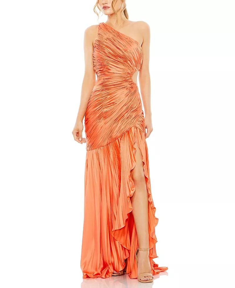 Mac Duggal Side Cut-Out One-Shoulder Pleated Gown