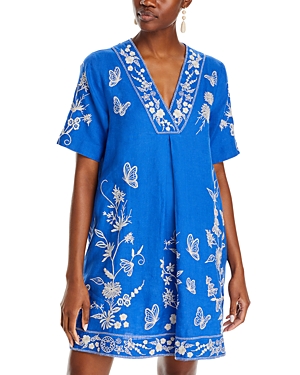 Shop Johnny Was Domingo Linen Embroidered Dress In Admiral Blue