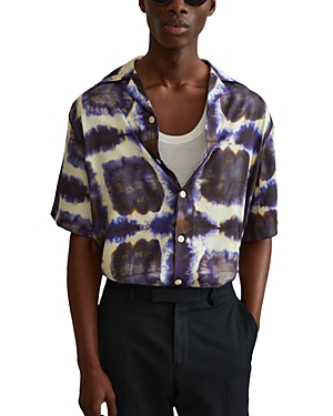 Shop Reiss Molino Short Sleeve Tie Dyed Cuban Collar Shirt In Purple/multi