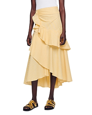 Sandro Tam Cotton Tiered Midi Skirt In Yellow Ecru