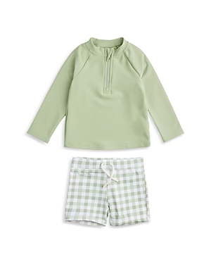 Firsts By Petit Lem Boys' Long Sleeve Top & Gingham Print Shorts Rashguard Swim Set - Baby In Green