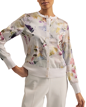 Shop Ted Baker Scallop Trim High Neck Woven Front Cardigan In White