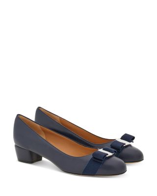 FERRAGAMO - Women's Vara Soft Bow Detail Blue Block Heel Pumps