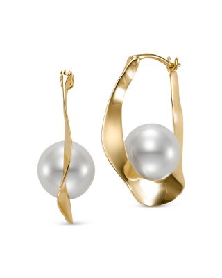 Bloomingdale's Fine Collection Cultured Freshwater Pearl Wavy Hoop Earrings in 14K Yellow Gold