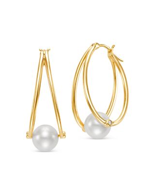 Bloomingdale's Fine Collection Cultured Freshwater Pearl & Diamond Accent Double Hoop Earrings in 14K Yellow Gold