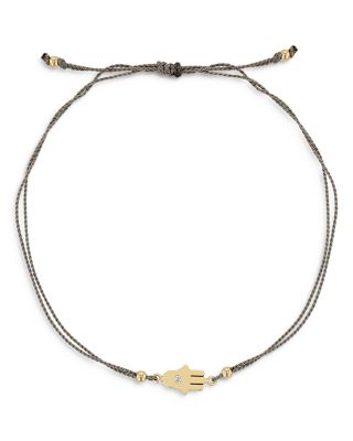14K Yellow Gold Midi Bitty Diamond Hamsa Gray Silk Cord Bracelet