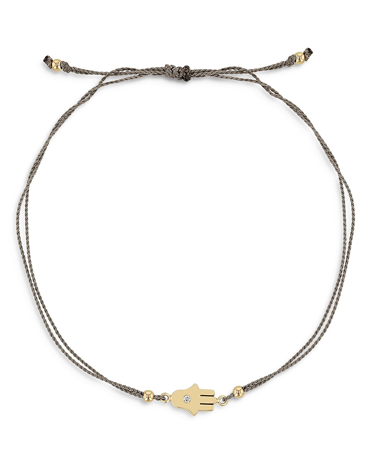 Zoe Chicco 14K Yellow Gold Midi Bitty Diamond Hamsa Gray Silk Cord Bracelet