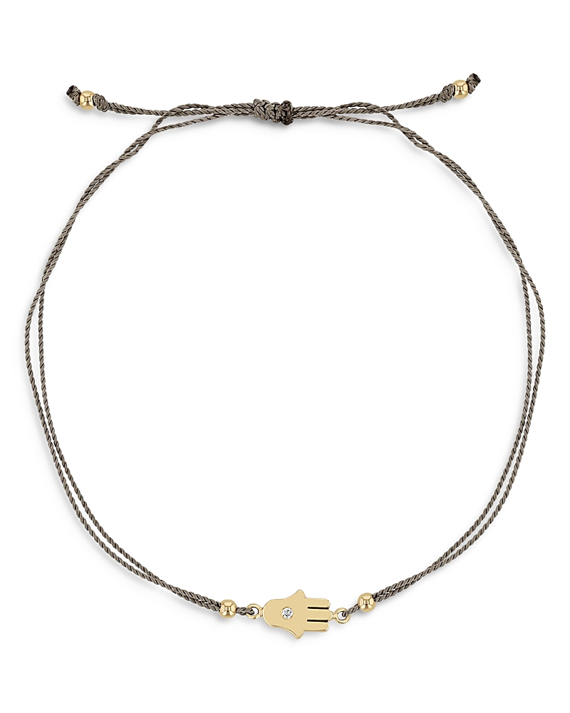 Zoe Chicco 14K Yellow Gold Midi Bitty Diamond Hamsa Gray Silk Cord Bracelet