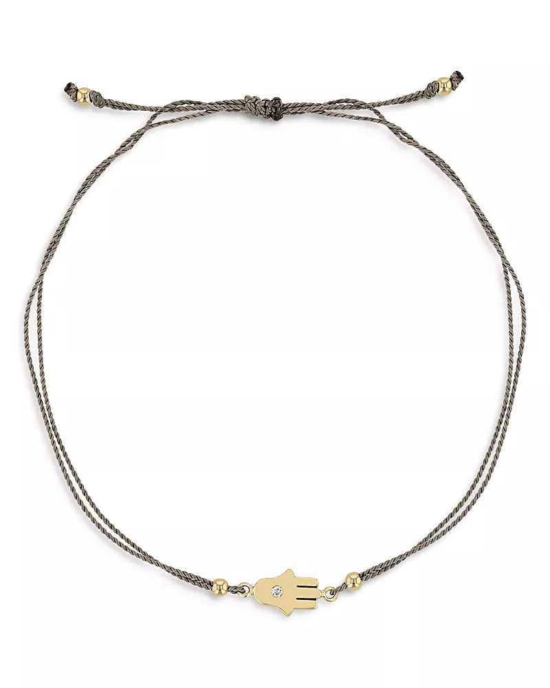 Zoe Chicco 14K Yellow Gold Midi Bitty Diamond Hamsa Gray Silk Cord Bracelet