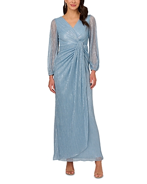 Shop Adrianna Papell Metallic Faux Wrap Gown In Belize Blue