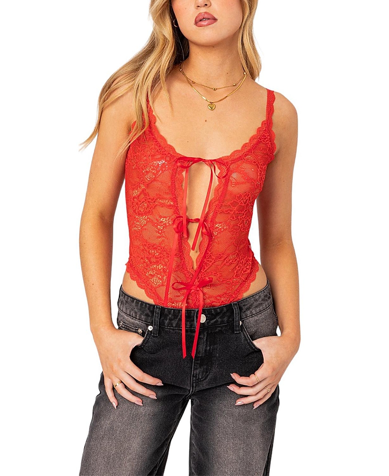 Shop Edikted Maribelle Tie Front Sheer Lace Bodysuit In Red
