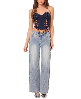 Oaklynn Stitch Detail Low Rise Jeans in Light Blue