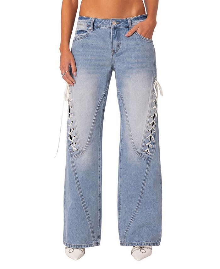 Ribbon Lace Up Low Rise Baggy Jeans