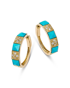 Turquoise & Diamond Small Hoop Earrings in 14K Yellow Gold