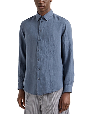 Shop Emporio Armani Regular Fit Button Front Linen Shirt In Solid Dark