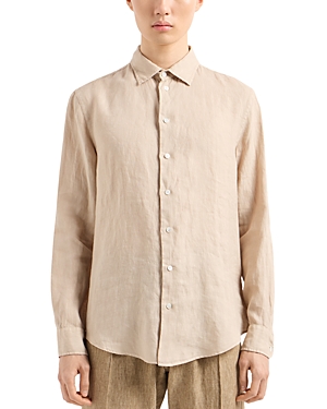 Shop Emporio Armani Regular Fit Button Front Linen Shirt In Beige/khaki