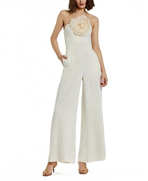 Shop Mac Duggal Crepe Halter Neck Jumpsuit With Flower In Ivory