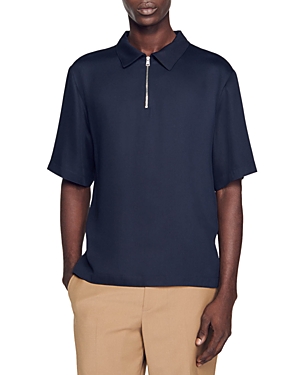 Shop Sandro Oversized Quarter Zip Polo Shirt In Marine