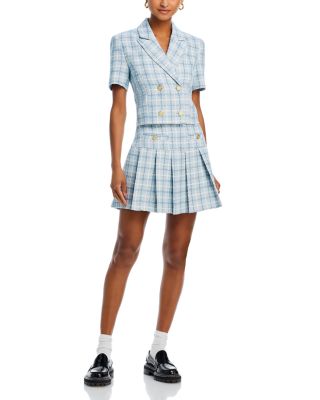 AQUA - Tweed Short Sleeve Blazer & Plaid Pleated Mini Skirt - Exclusive