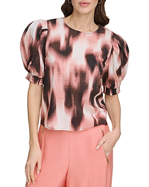 Shop Dkny Printed Voile Puff Sleeve Top In Abstract Dot