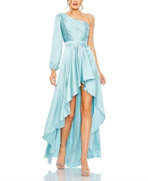Shop Mac Duggal High Low One Shoulder Flowy Gown In French Blue