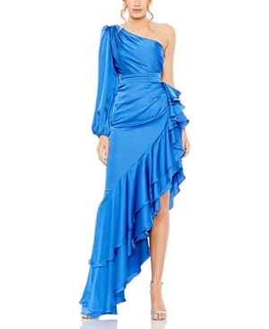 Mac Duggal One Sleeve Cut Out Asymmetrical Ruffled Gown In Blue