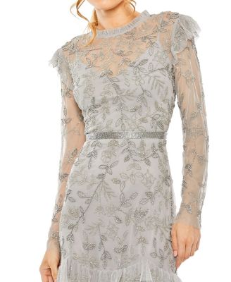 High Neck Flutter Cap Long Sleeve Tiered Embellished Gown