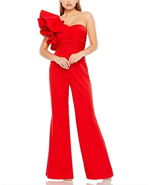 Shop Mac Duggal One Shoulder Ruffle Detail Flare Pant Jumpsuit In Red