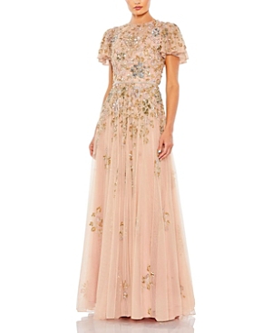 Mac Duggal Embellished Butterfly Sleeve High Neck Gown In Taupe Multi