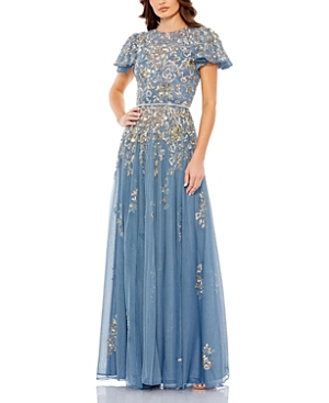 Shop Mac Duggal Embellished Butterfly Sleeve High Neck Gown In Slate Blue