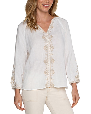 Shop Liverpool Los Angeles Embroidered Split Neck Top In Off White Tan