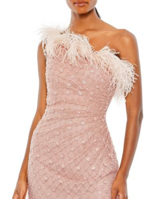 Embellished One Shoulder Feathered Gown