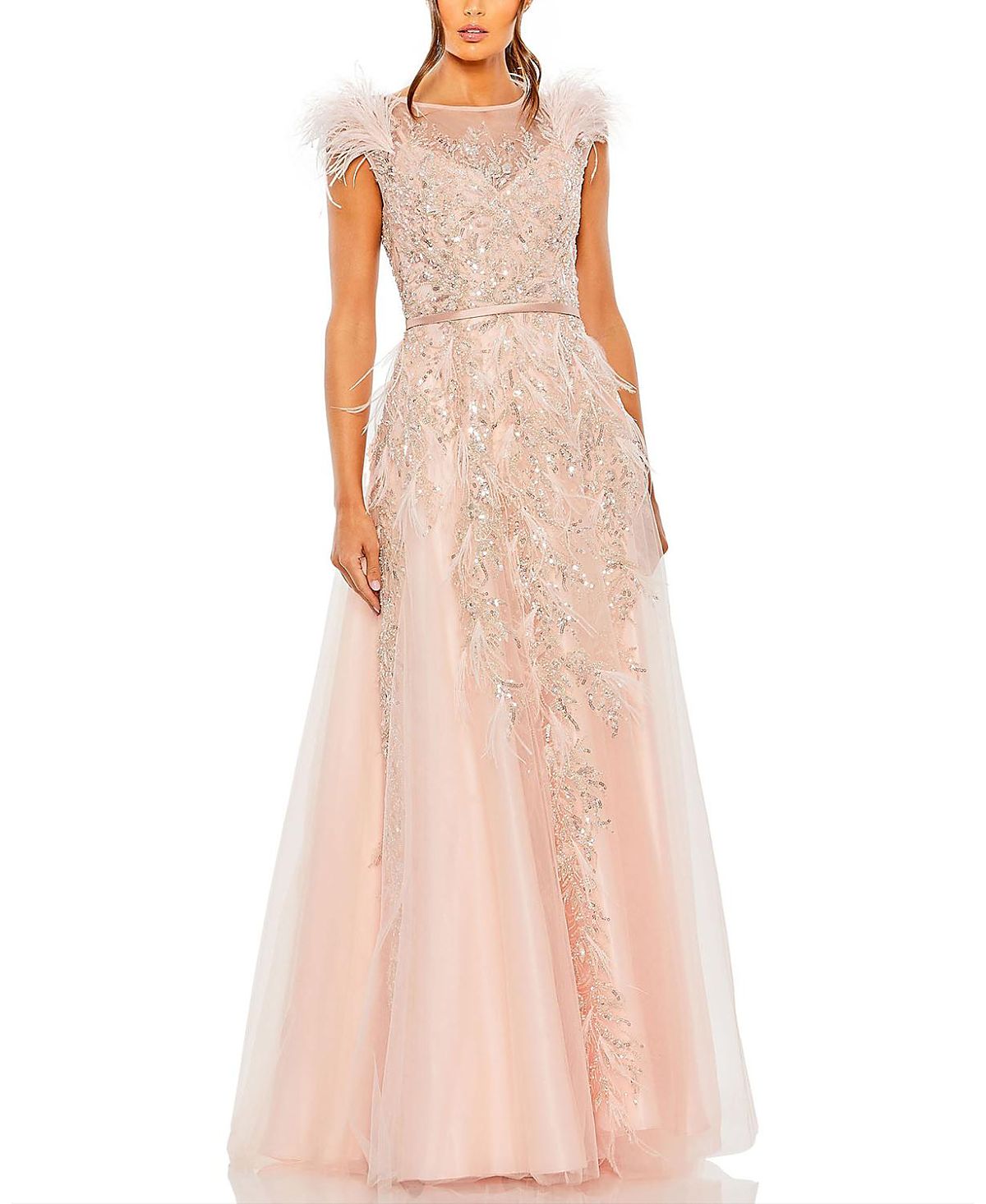 Mac Duggal High Neckline Feather Detail Beaded Gown