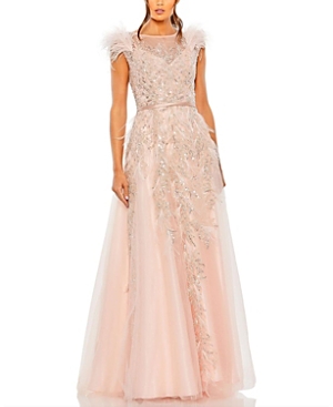 Mac Duggal High Neckline Feather Detail Beaded Gown In Blush
