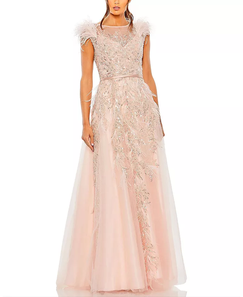Mac Duggal High Neckline Feather Detail Beaded Gown