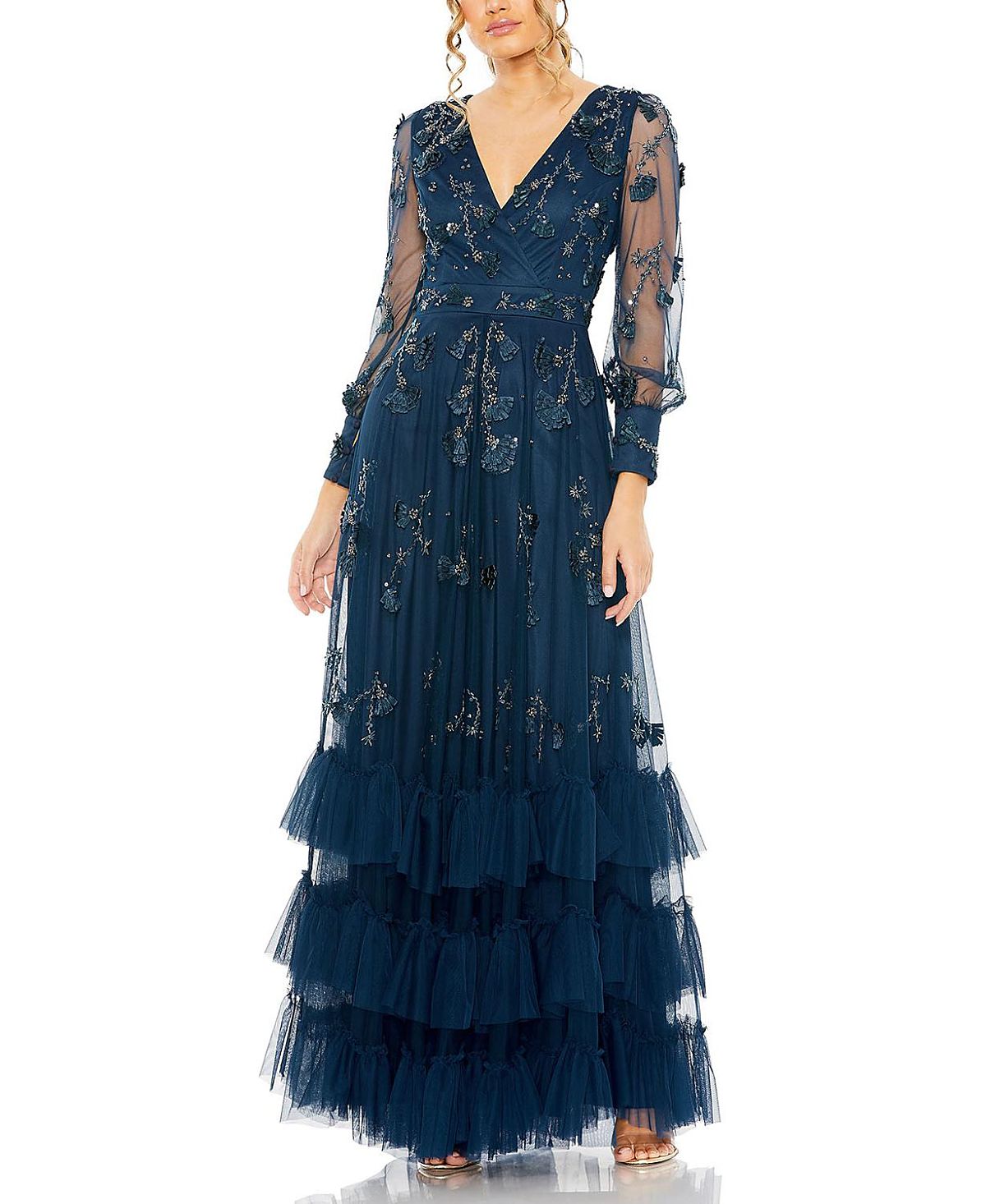 Mac Duggal Mesh Long Sleeve V-Neck Tiered A Line Gown