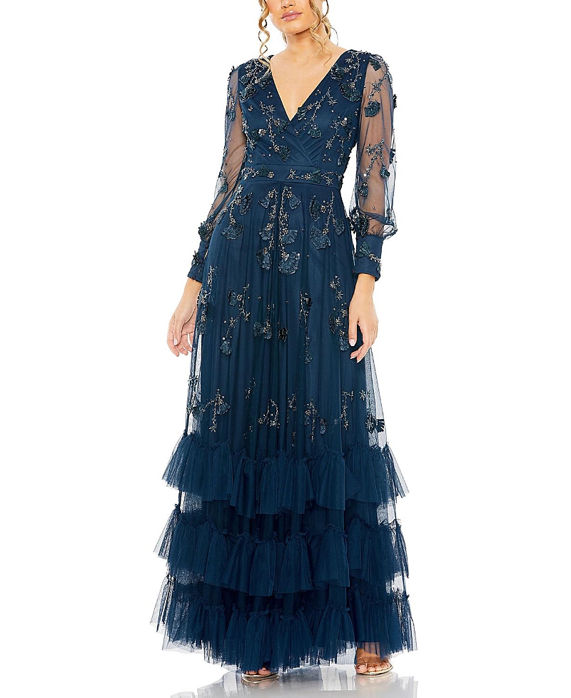 Mac Duggal Mesh Long Sleeve V-Neck Tiered A Line Gown