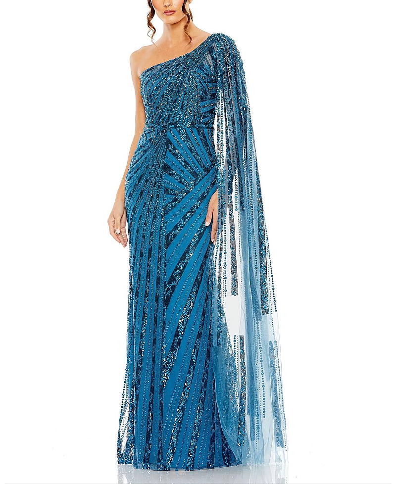 Mac Duggal One Shoulder Cape Sleeve Embellished Gown In Blue