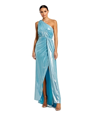 Shop Mac Duggal Metallic Draped One Shoulder Grecian Dress In Ice Blue