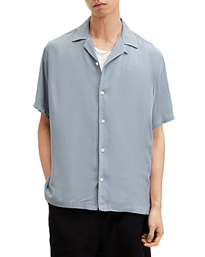Shop Allsaints Venice Short Sleeved Relaxed Fit Button Down Shirt In Skyline Grey