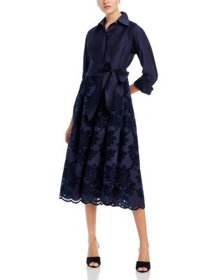 Teri Jon by Rickie Freeman - Floral Eyelet Collared Midi Dress