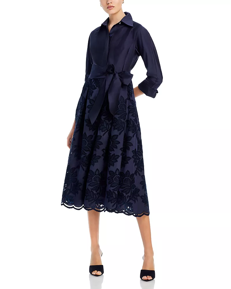 Teri Jon by Rickie Freeman Floral Eyelet Collared Midi Dress