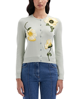 Shop Oscar De La Renta Poppy Applique Wool Cardigan Sweater In Sage/yellow