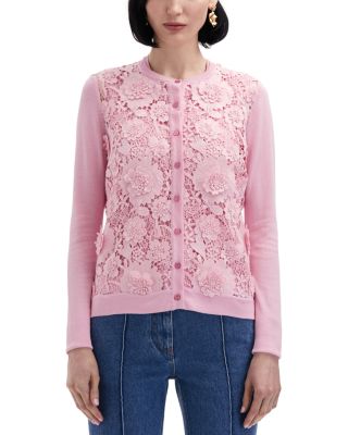 Oscar de la Renta - Floral Guipure Long Sleeve Silk Cardigan Sweater