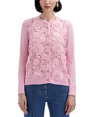 Shop Oscar De La Renta Floral Guipure Long Sleeve Silk Cardigan Sweater In Soft Pink