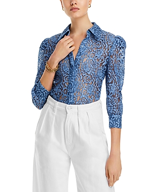 Shop L Agence L'agence Andrea Lace Three Quarter Sleeve Blouse In Indigo Lace