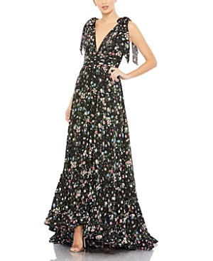 Shop Mac Duggal Floral Print Soft Tie Sleeveless Tiered Gown In Black Multi